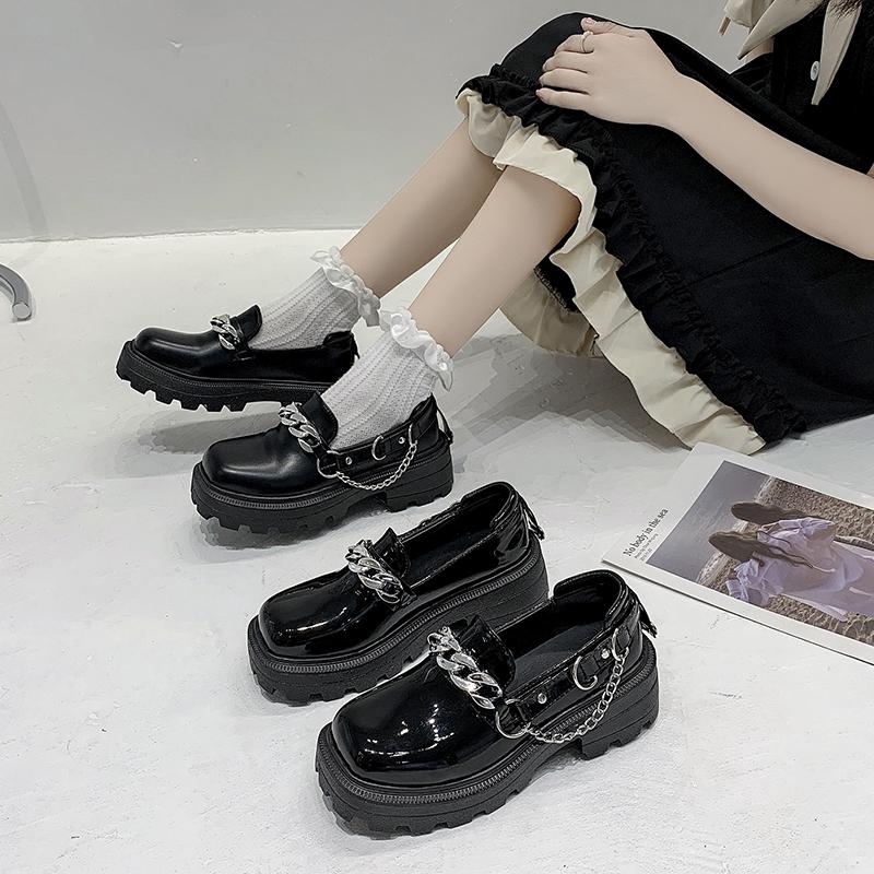 Women's Spring Black Platform Casual Shoes Slip on Women Loafers Metal Chain Designer Casual Leather Oxfords 2025 Zapatos Mujer