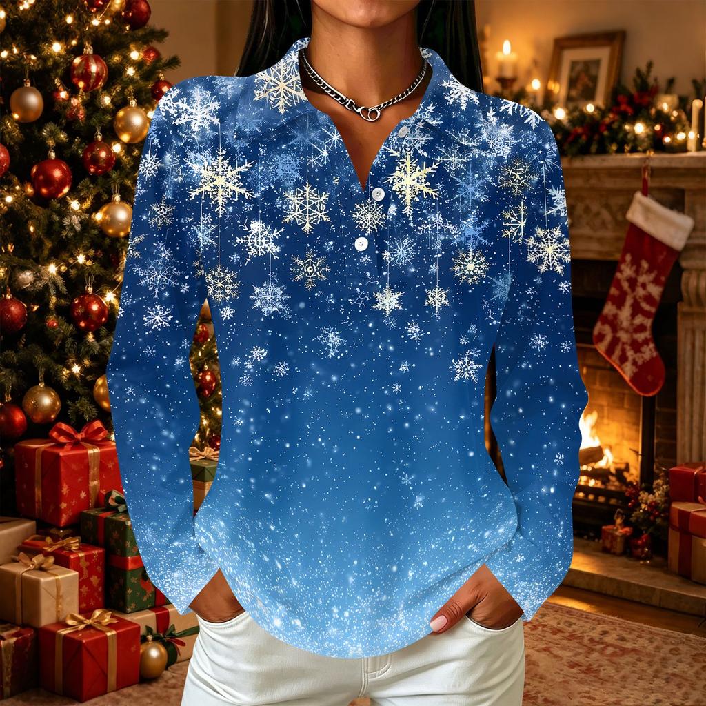 Women's Casual Long Sleeve Christmas Print Button Front Top with Collar and Side Slits