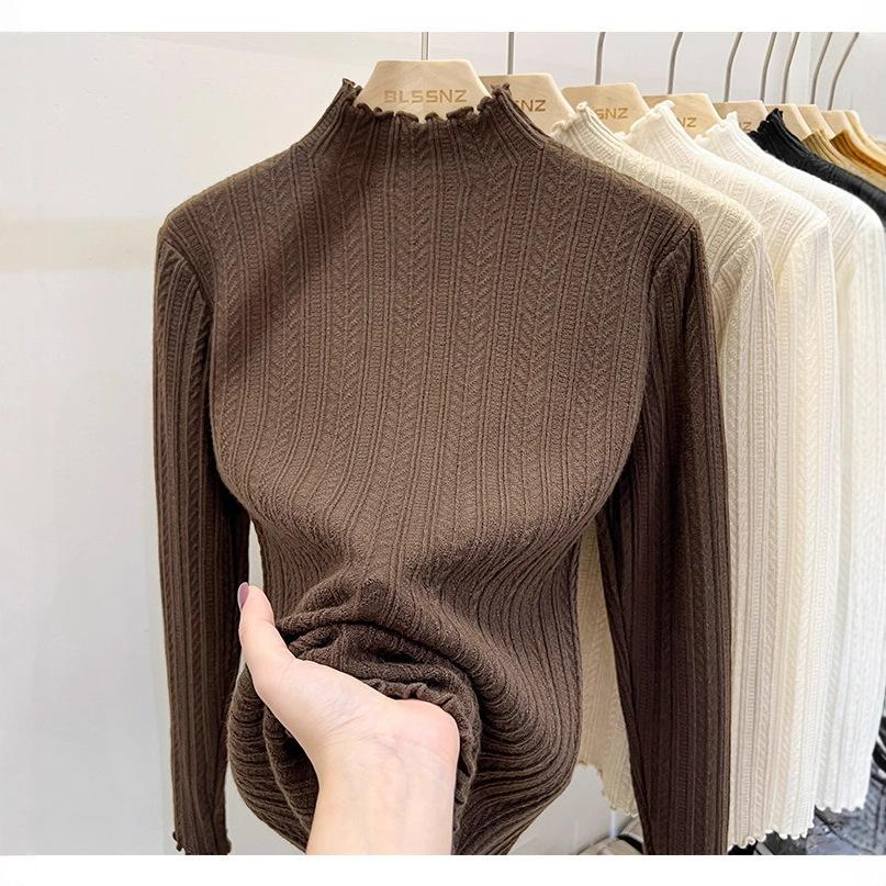Wood ear edge knitted semi-turtleneck women s autumn and winter with white sweater women s new models One Size темно-коричневого