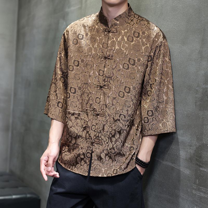 Chinese style ice silk seven-quarter-sleeved shirt men's Tang suit buckle Hanfu large size printed short-sleeved shirt ethnic style