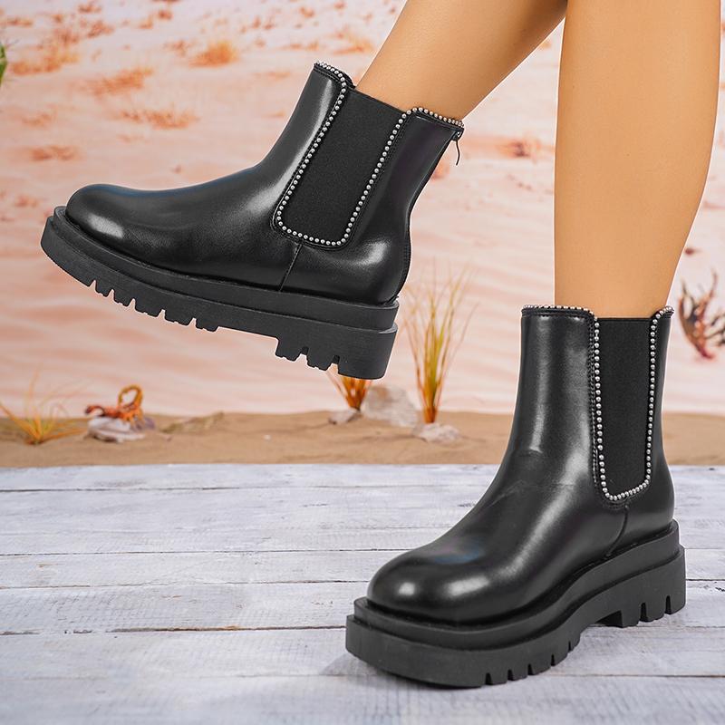 Metal Decoration Thick Sole Chelsea Boots Women Comfort Slip On Platform Ankle Booties Mujer Plus Size Pu Leather Boots Woman 42