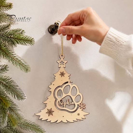 Wooden Christmas Tree Ornaments Wood Pendant with Paw Print, Hollow Engraved Hanging Holiday Gifts for Pet Lovers Ornament, Rustic Style Craft