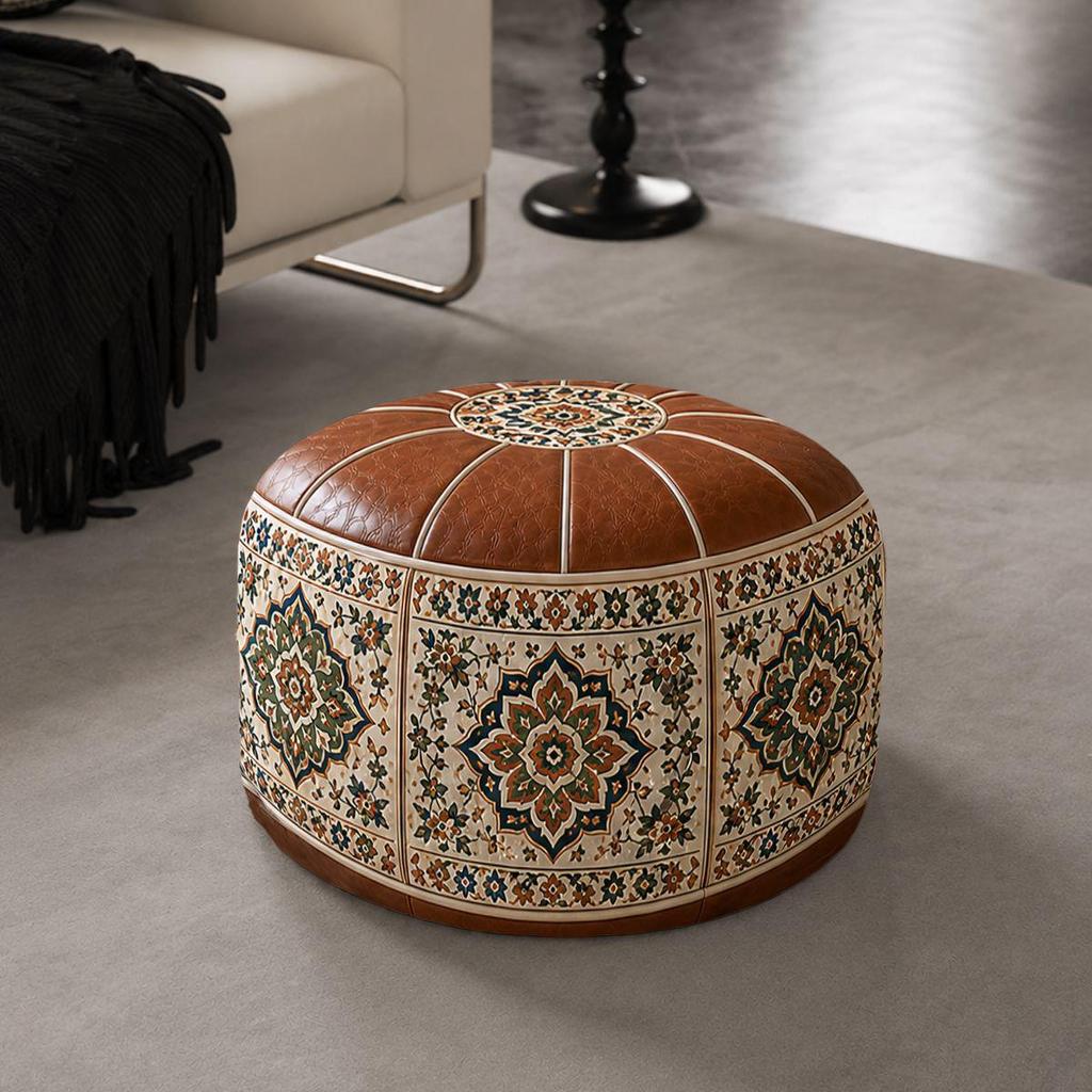 Retro Ethnic Leather Storage Footstool: Round, Multifunctional Shoe Changing Stool for Living Room