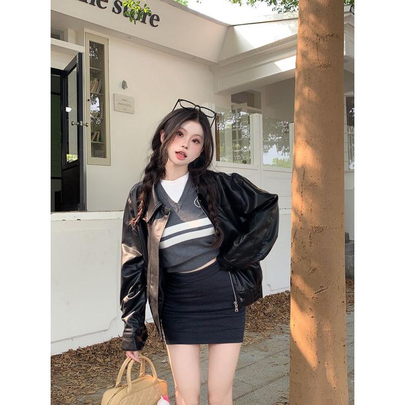 Women's High-End Retro PU Leather Coffee Jacket - Slimming, Windproof, Long Sleeve, Motorcycle Style.