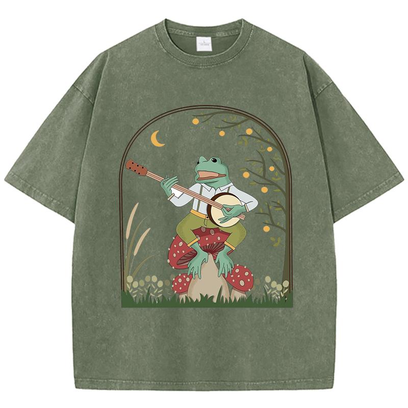 Frog Playing Banjo On Mushroom Printed Washed T-Shirt Women Casual Cotton T Shirt Y2K Tops Summer Oversize Streetwear