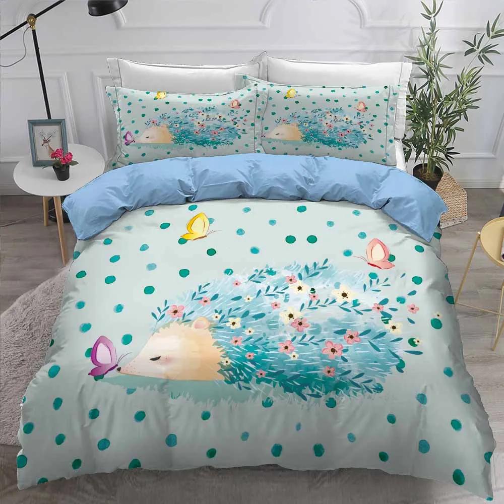 Printed Flower Hedgehog Duvet Cover Set Super Soft Comfortable 100% Polyester Bedding Set Cute Cartoon Kids Bed Linens Girl Boy