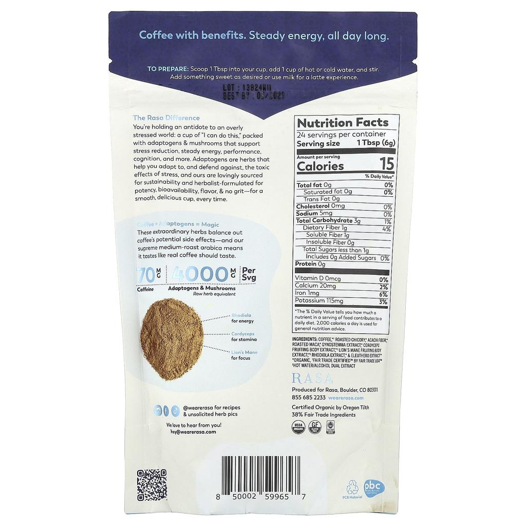 Rasa, Adaptogen and Mushroom Coffee Enrichment, Instant, Roasted Coffee, 5 Oz (144 G)