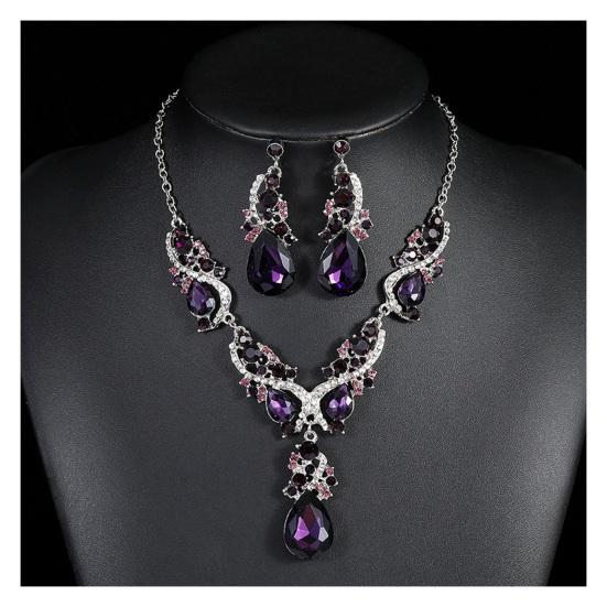 Women Necklace Earrings Rhinestone Luxury Hollow Symmetric Retro Set Out Anti-allergy Hanging Earrings Bridal Wedding