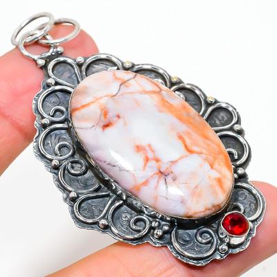 Natural Rossita Jasper, Garnet Gemstone 925 Sterling Silver Pendant 2.99" U0h34