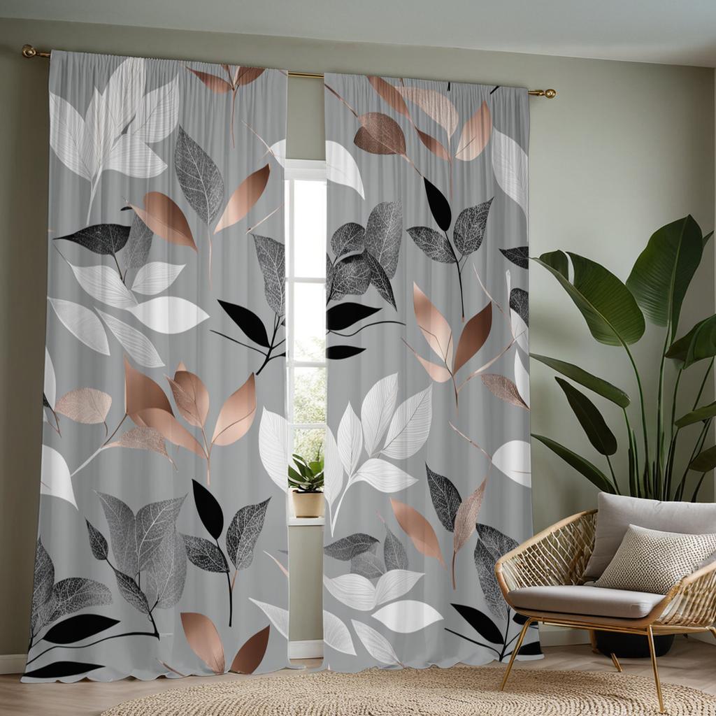 2 Pcsets Of Fashionable Leaf Print Curtains, Polyester Fabric, Machine Washable, Suitable For Living Room Or Bedroom Decoration