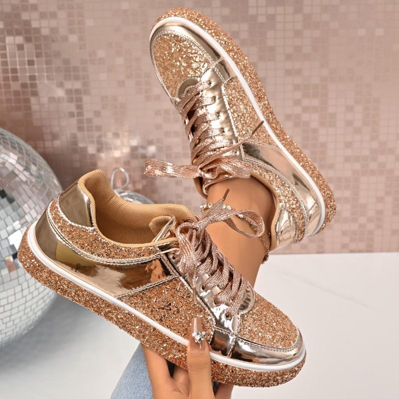 Unisex Glitter Sneakers, Lace-Up Low Cut Flats, Size 43 Casual Shoes for Women