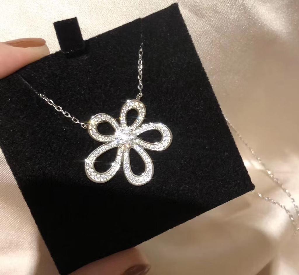 S9 Srebrny Naszyjnik Słonecznik Pięciopłatkowy Pięciokwiatowy Pełen Diament Cyrkon Naszyjnik Damski