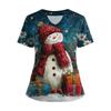 Women's Short Sleeved Christmas Printed V-neck Buttonable Side Slit Top T-shirt