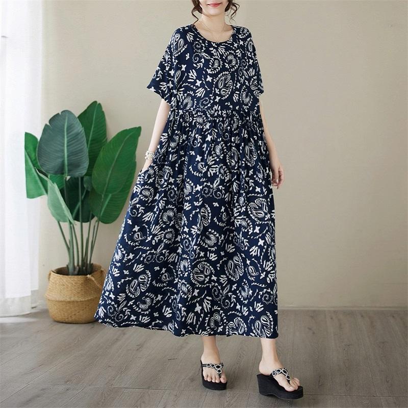 Short Sleeve Plus Size Cotton Vintage Floral New In Dresses for Women Casual Loose Long Summer Dress