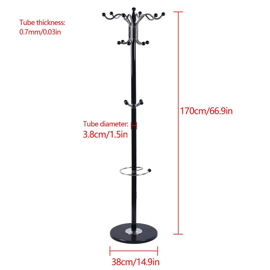 67-Inch Modern Coat Rack with Marble Base and 16 Ball-Tipped Hooks, Free-Standing Garment Stand for Jackets Hats Bags