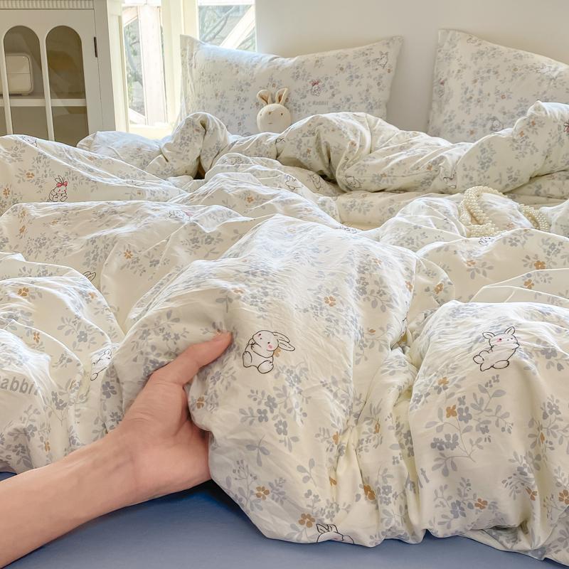 Washed Cotton Duvet Cover Set Single/Queen/King Size Bed Set Flower Printed Plumones De Cama Duvet Cover with Pillowcase Bedding
