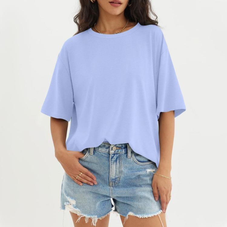 Solid Color Round Neck Top Women Casual Three Half Sleeve Fashionable