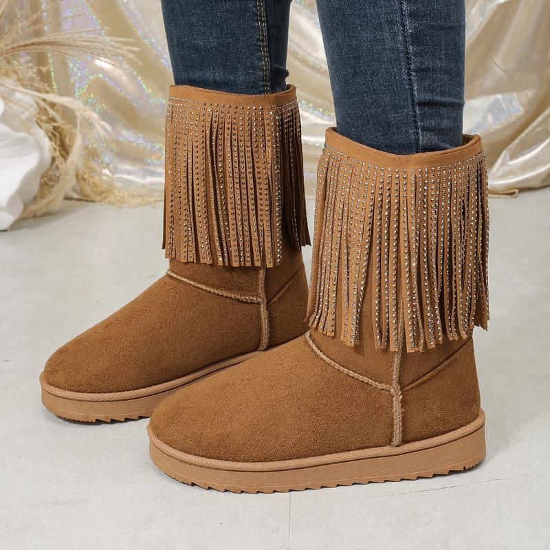New round head tassel medium tube snow boots women's thick-soled sleeve warm and piled thickened cotton shoes