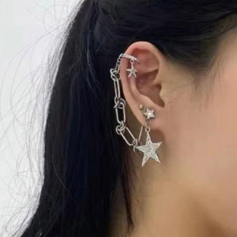 Fashion Sliver Asymmetric Star Chain Integrated Tassels Earring for Women 2023 Trend Crystal Drop Earring Y2K Jewelry