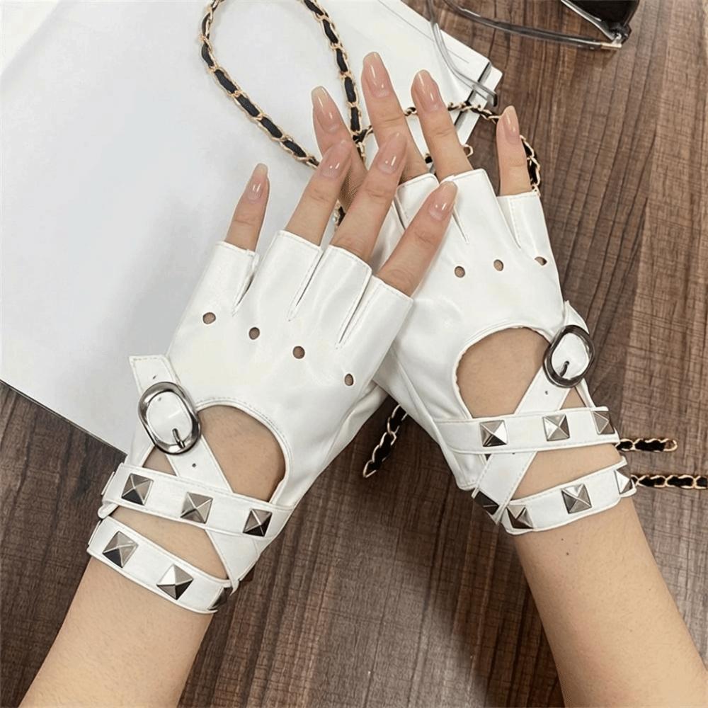 Anti-Slip Rivets Belt Wrist Gloves Cool Fingerless Mittens Half Finger Gloves Party