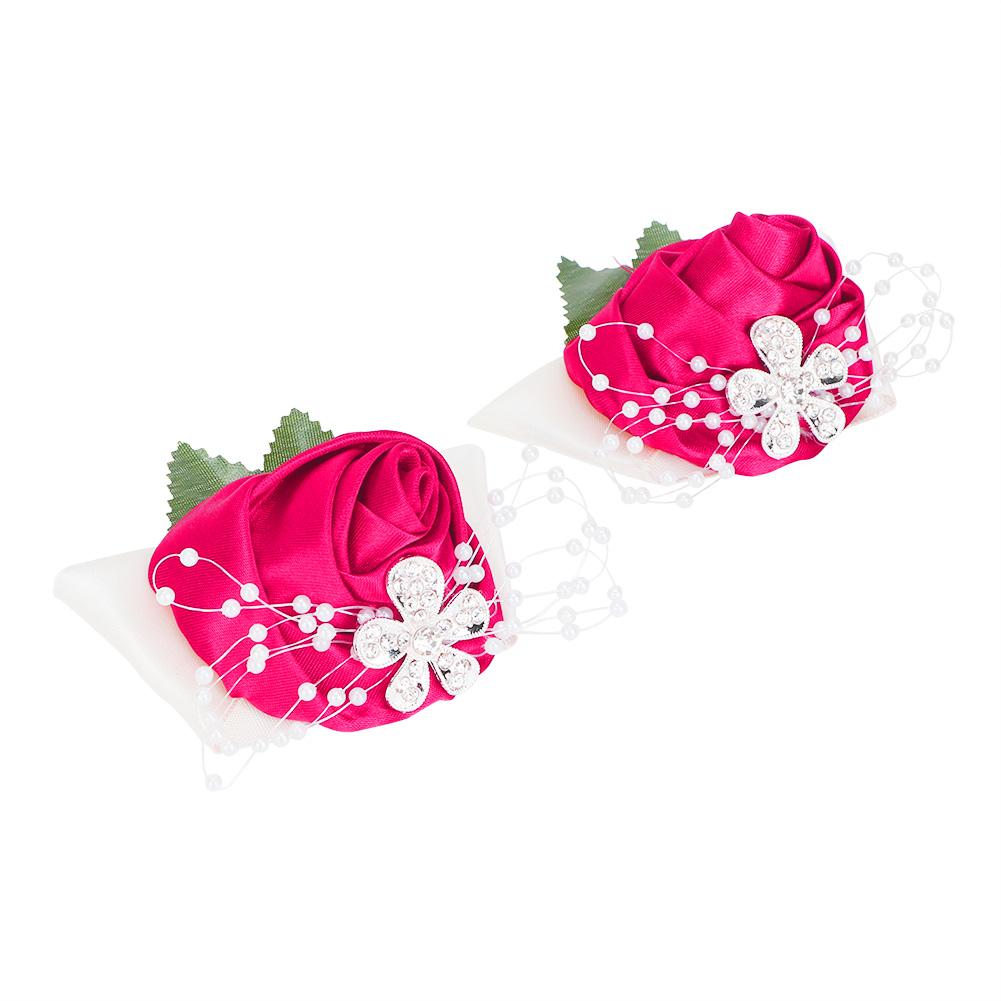 

2pcs Hand Flower Bridesmaid Wrist Corsage Wedding Decorations Diamond Rose(Rose Red)