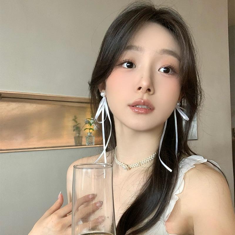 Elegant Ribbon & Pearl Bow Earrings for Women