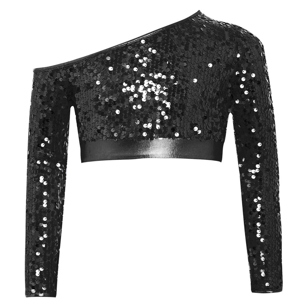 Girls Jazz Dance One Shoulder Long Sleeve Sequins Top Performance Competition Costume