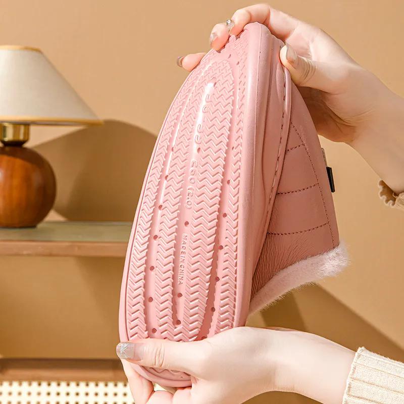 WTEMPO Couple PU Thick Flat Heel Warm Slippers Faux Leather Close-toe Autumn Winter Cotton Indoor Home Plush Slippers
