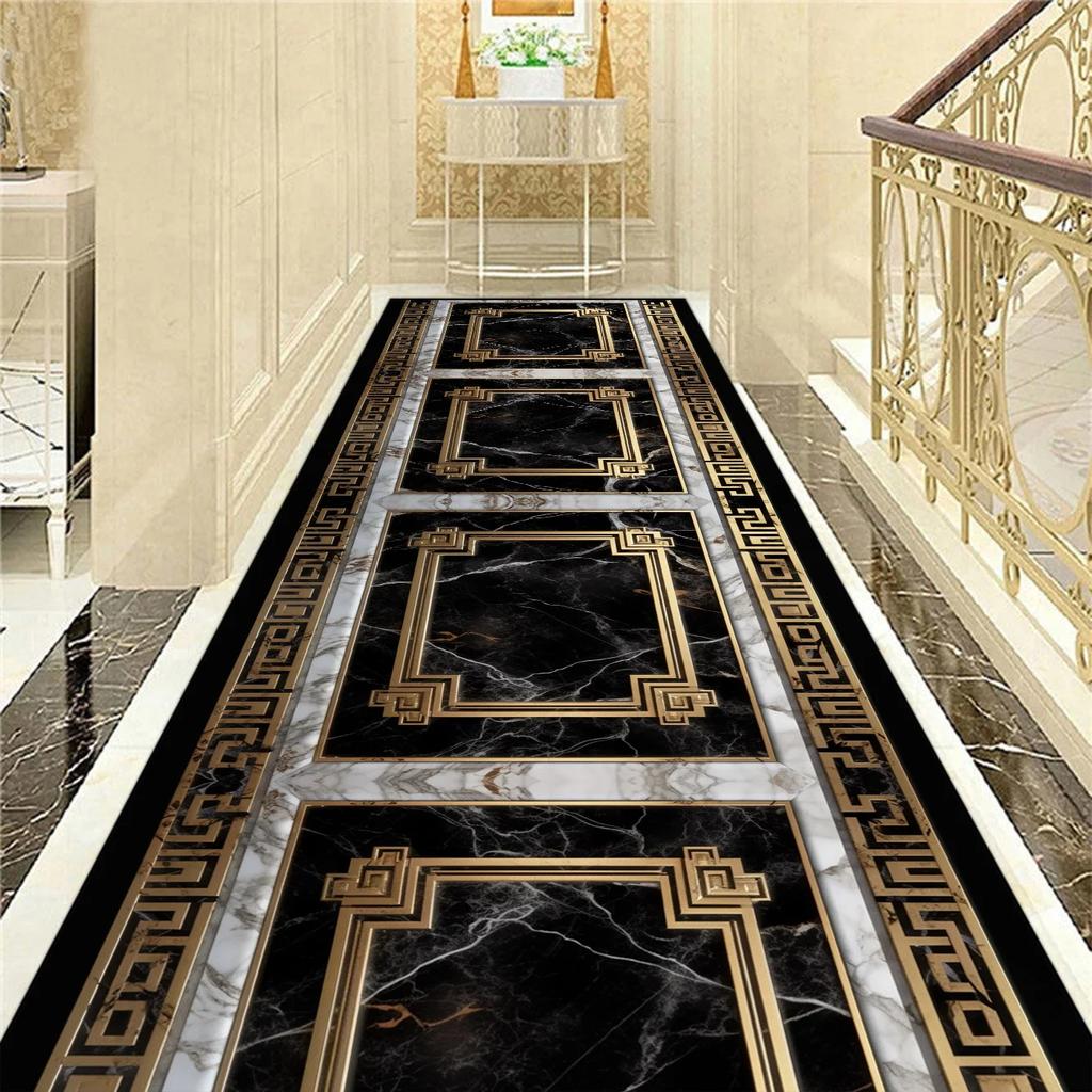 Golden Luxury Long Corridor Carpet Nordic Style Villa Hallway Carpet Non-slip Washable Lobby Aisle Rug Customizable Runner Mat