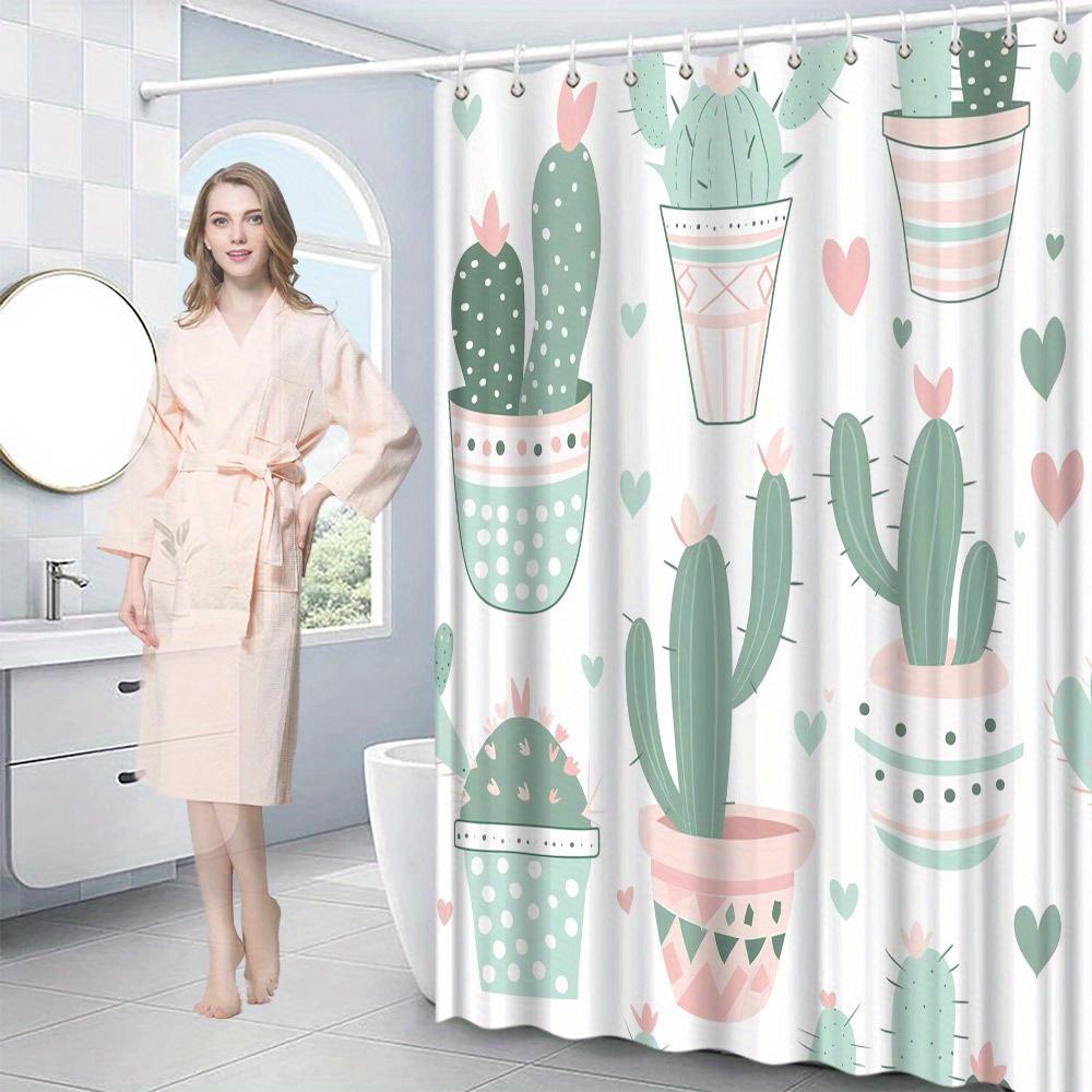 1pc Cactus & Plant Shower Curtain - Pastel Pots, Heart Background, Vintage Style, 70x70", Polyester, 12 Hooks, Washable