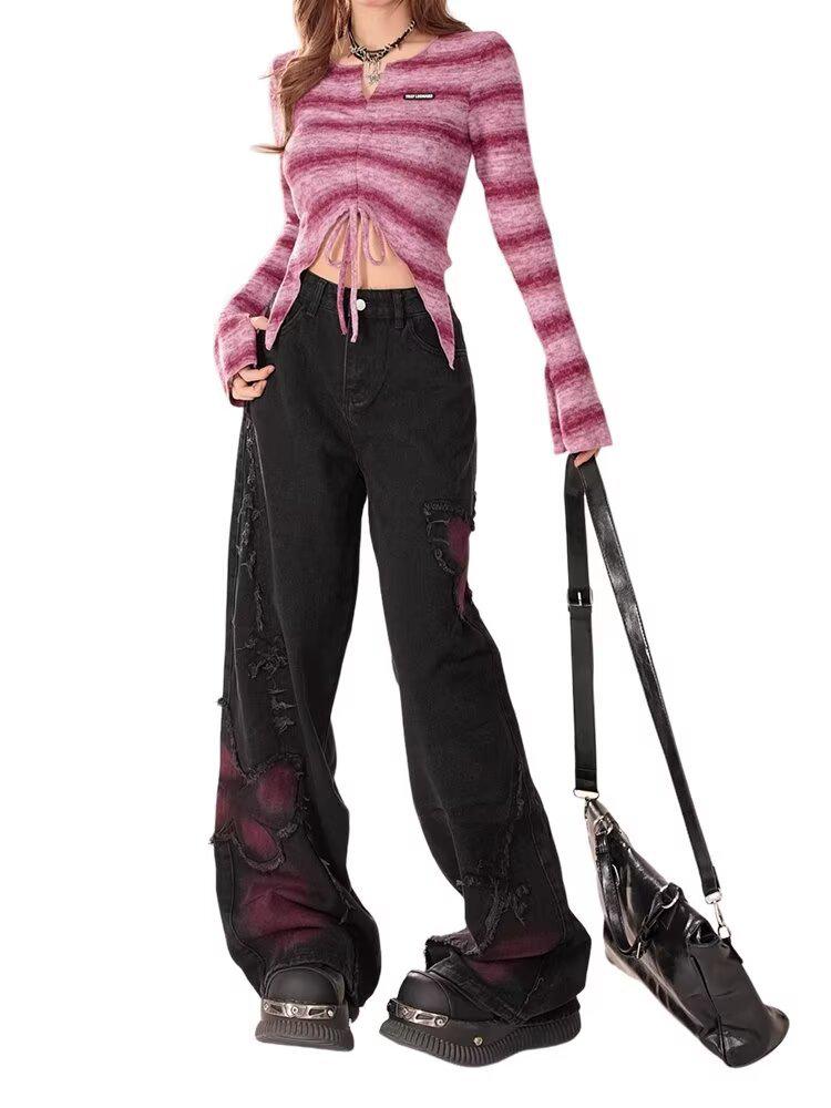 Women's Retro High-Waist Tie-Dye Butterfly Jeans - Slimming Wide-Leg Design