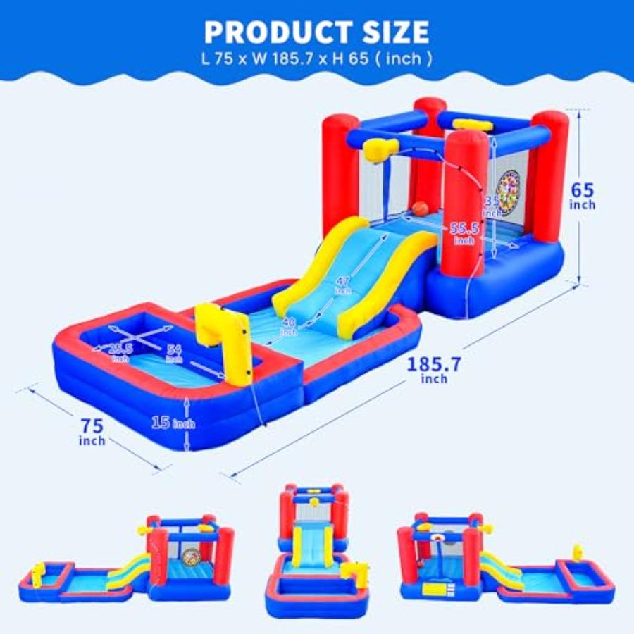 2 In 1 Inflatable Water Slide Bouncy Castle for Outdoor Use, PVC Material, Blue and Red, Includes Blower, Sprayers, Deep Pool,