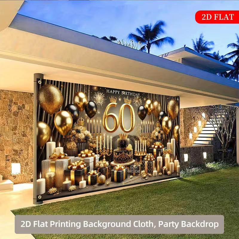 2D Luxury Black Gold 60th Birthday Backdrop Banner Large Size Party Decor Background