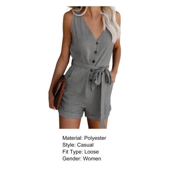 Lady Jumpsuit Solid Color Buttons V Neck Sleeveless Women Romper for Daily Wear