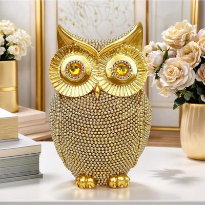 Moderne Heimdeko Skulptur Einzigartige Funkelnde Goldene Eulenfigur Harzstatue für Büro Wohnzimmer Schreibtischornamente
