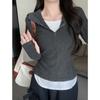 Real shot half zipper hooded long-sleeved T-shirt women's autumn and winter slim-fit polished warm bottoming shirt with fake two pieces inside