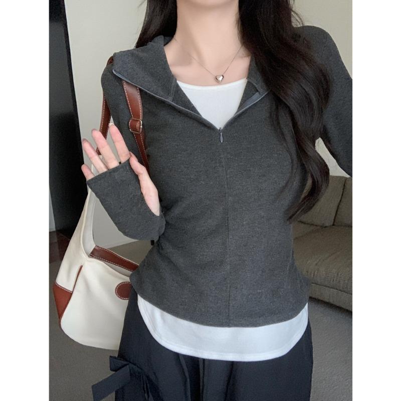 Real shot half zipper hooded long-sleeved T-shirt women's autumn and winter slim-fit polished warm bottoming shirt with fake two pieces inside