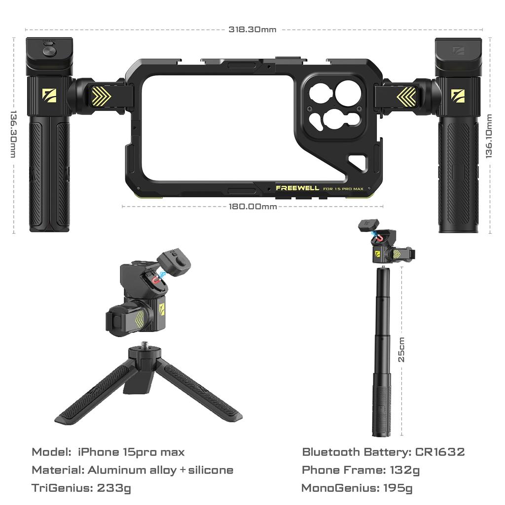 Freewell Genius Rig Kompatibel mit iPhone 15 Pro Max Genius Rig Rotationsstabilisator Selfie-Stick Stativ Fernbedienung 360°