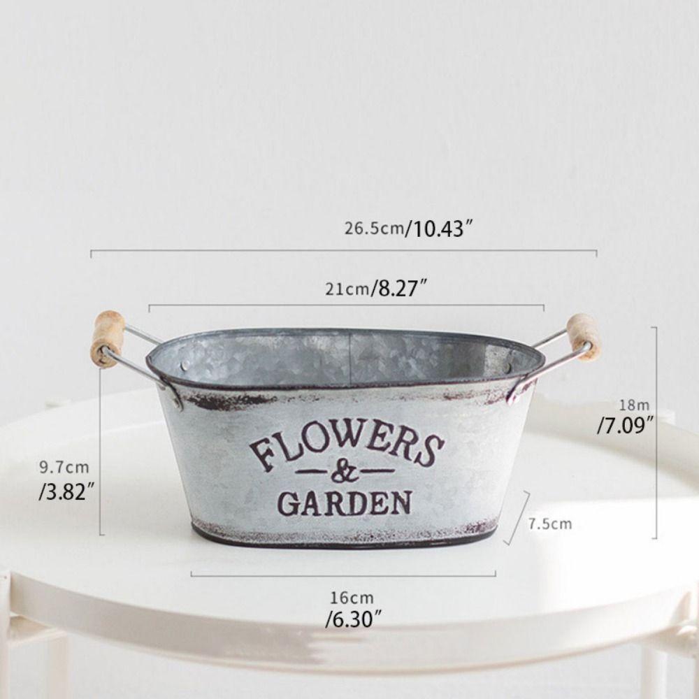European Style Retro Flower Vase Rustic Wooden Flower Bucket Iron Oval Flowerpot  Storage