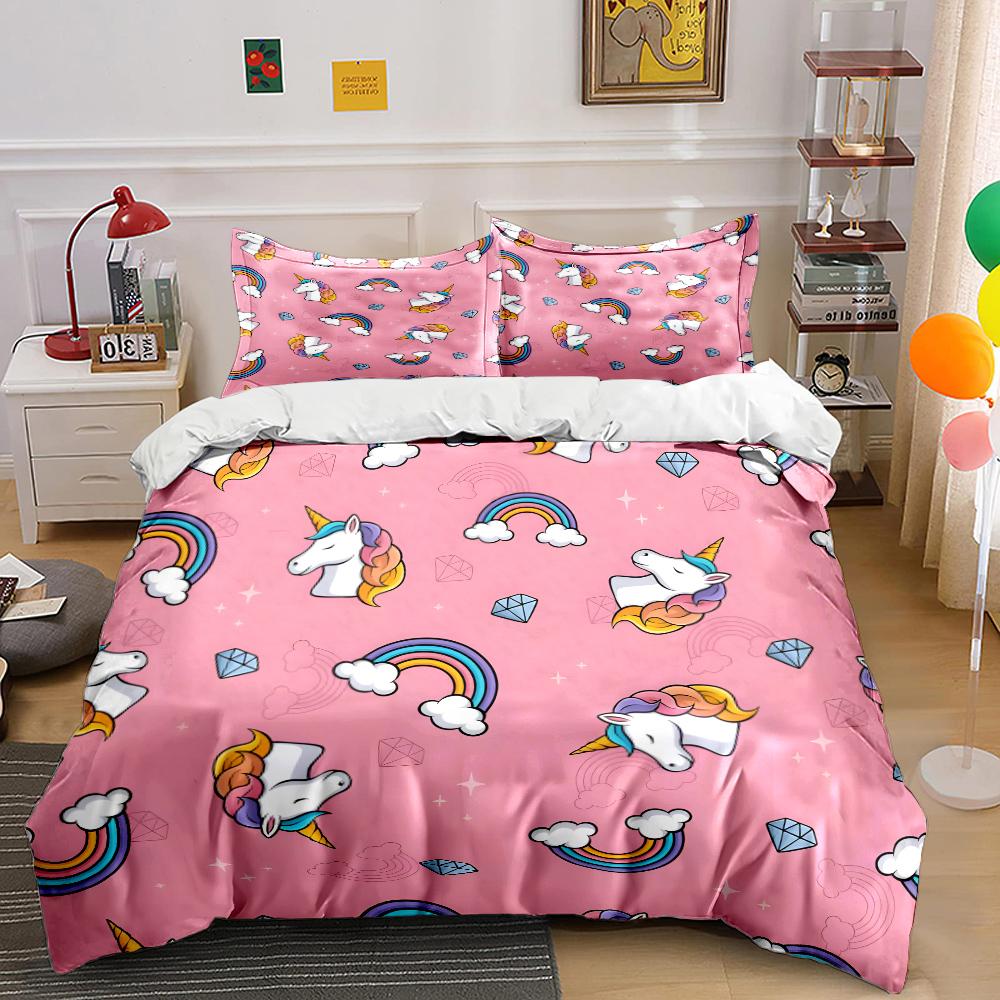 Pink Background Unicorn Rainbow Bedding Set For Kids Luxury Gift 3Pcs Digital Print Comforter Set Soft Comfortable Breathable
