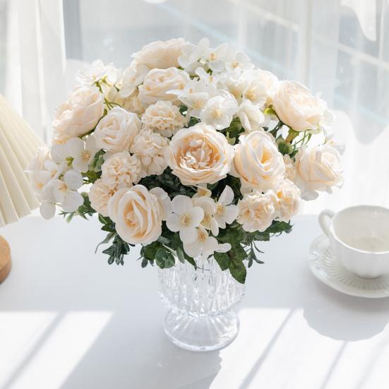 Artificial Rose Bouquet Realistic Fake Silk Flower with Green Leaves Home Wedding Party Table Centerpiece Indoor Outdoor Faux Bloom Decoration