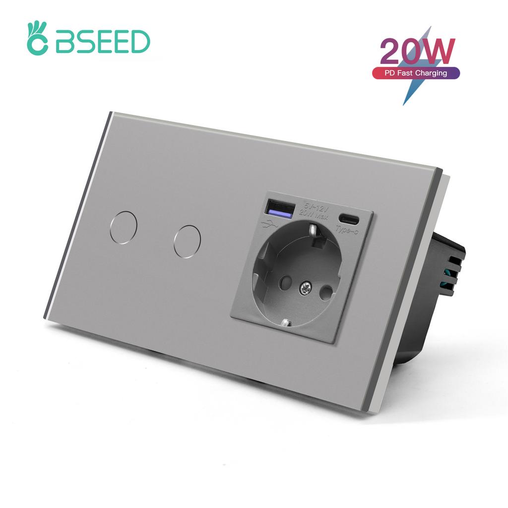 BSEED 1/2/3pólový dotykový vypínač světla 1pólový senzorový vypínač se zásuvkou EU USB Type-C 20W rychlé nabíjení Modré podsvícení Skleněný panel