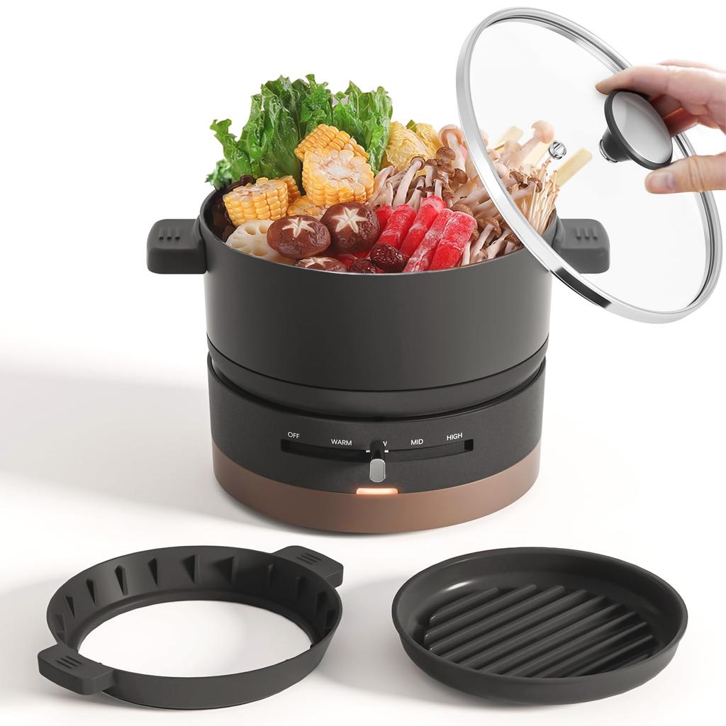 Electric Pot for One 4 Temperature Electric Cooking Detachable and Washable Glass Car Black Multi-Purpose Pot/Hot Plate/Grill Person, 1L, 600W,