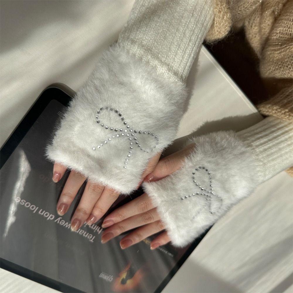 Solid Color Bow Gloves Hotfix Rhinestone Half Finger Mittens Fashion Knitted Gloves  Girl