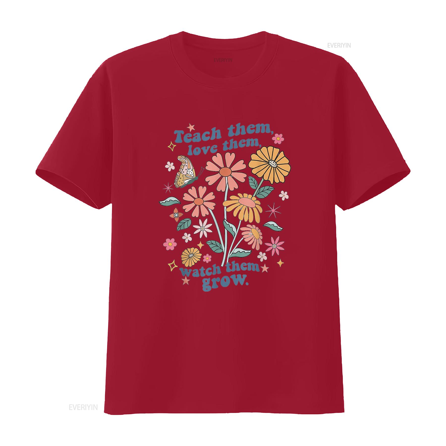 

Teach Them Love Watch Grow Retro Teacher Floral T Shirt White vintage Washed graphic homme Unisex designer clothes Comfortable S