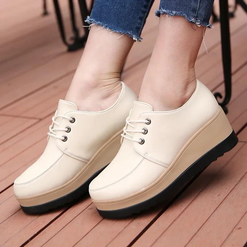 Women Oxford Shoes Flat On Platform Casual Shoes Frenum Leather Shoes Sewing Round Toe Mujer