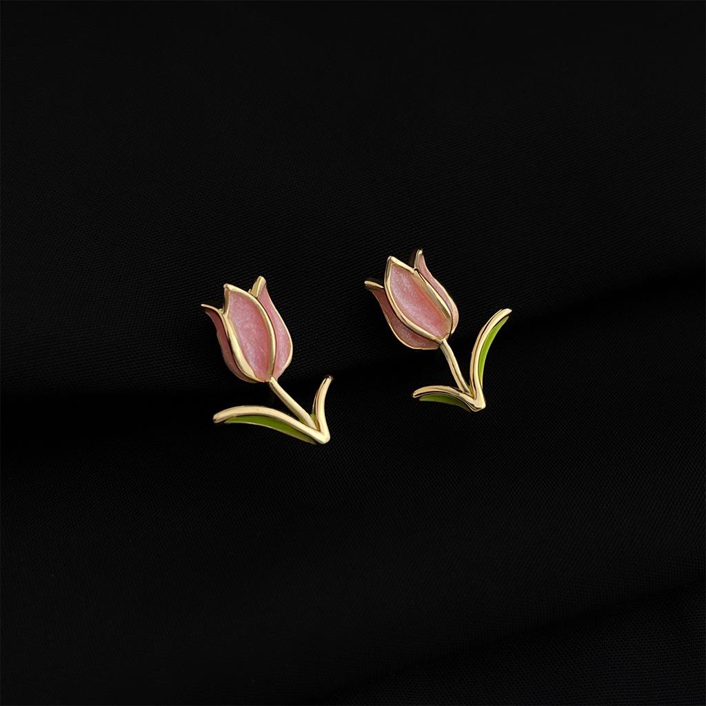 18K Gold Plated Clip-on Enamel Flower Earrings - Non-Pierced, High Color Retention