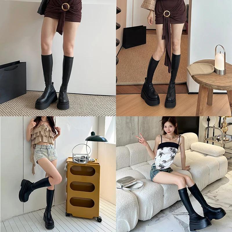 Chunky Women Knee High Boots Fashion Slip On Knight Long Boots Platform Flats Autumn Winter Ladies Shoes