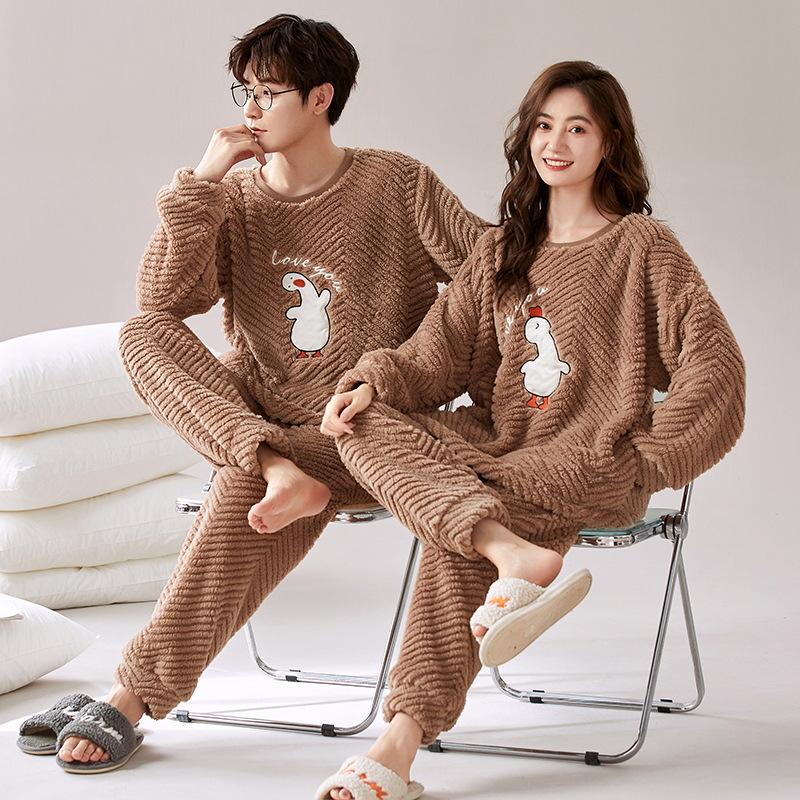 Couples' Cozy Flannel Pajama Set: Women's Plus Velvet, Men's Loose Fit, Warm Coral Fleece Homewear