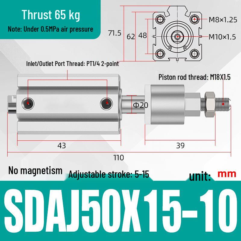 Adjustable Stroke Pneumatic Thin Cylinder - Piston Rod Sizes: 16/20/25/32/40/63